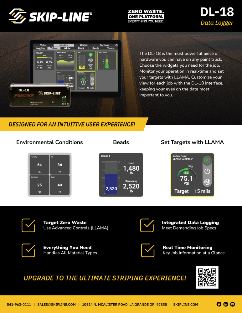Image of the front of the sales sheet for Skip-Line's DL-18 data logger