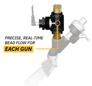 illustration of a paint gun with ACCU-BEAD installed to show in-flow measurement of bead monitoring for compliance
